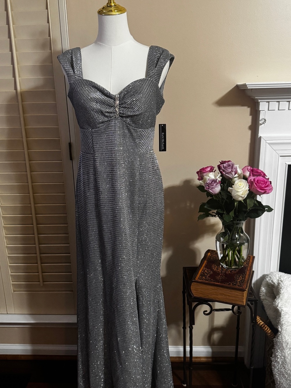 R & M Richards Silver Sparkle Maxi Evening Gown